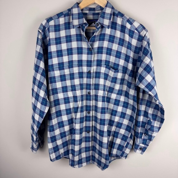 Patagonia Organic Cotton Button Up Flannel Shirt Purple Plaid Women's Medium - Picture 1 of 4